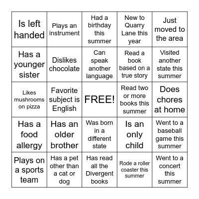 Getting to Know You Bingo Card