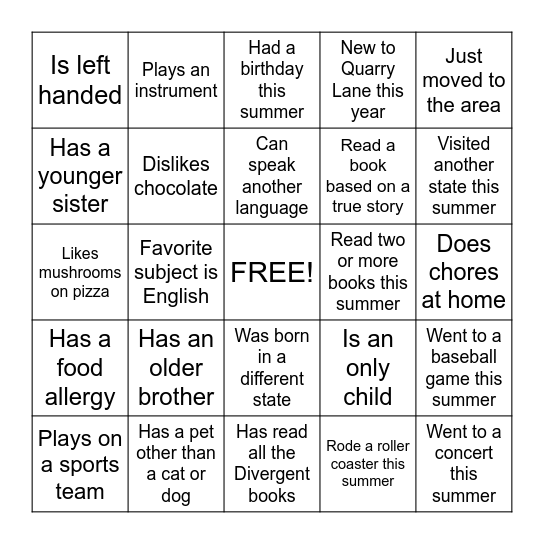 Getting to Know You Bingo Card