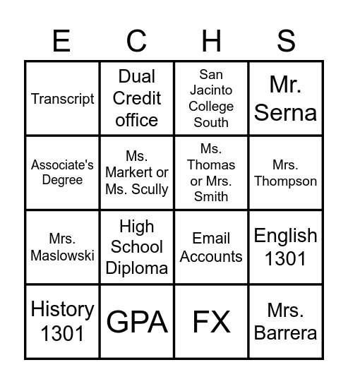 ECHS Bingo Card