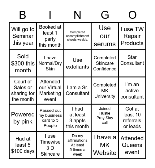 Mary Kay Team BINGO Card