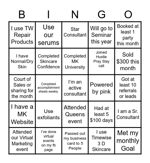 Mary Kay Team BINGO Card