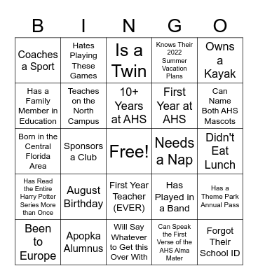 AHS TEACHER Bingo Card