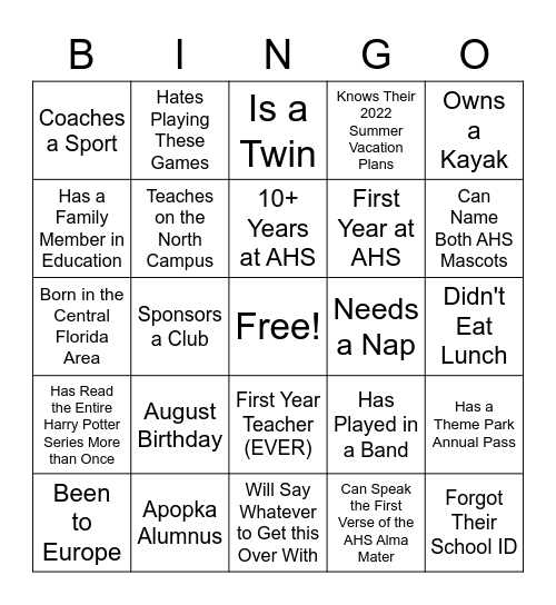 AHS TEACHER Bingo Card