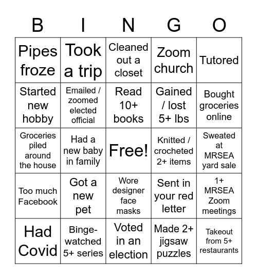 Pandemic Bingo Card