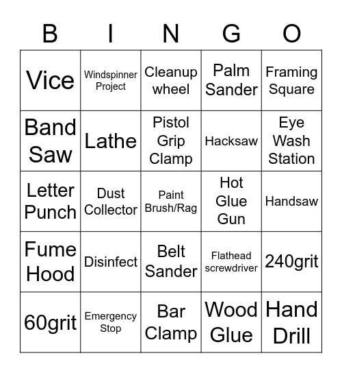 Woodworking Tools Bingo Card