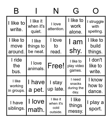 All About Me! Bingo Card