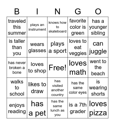 Back to School Bingo Card