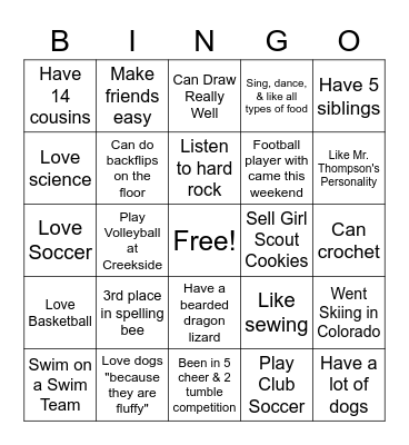 Get to know your classmates Bingo Card