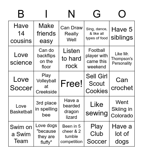 Get to know your classmates Bingo Card