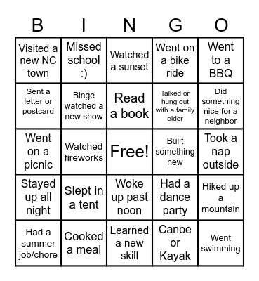 Summer Vacation Bingo Card