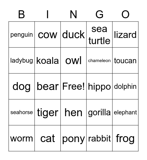 Animals Bingo Card