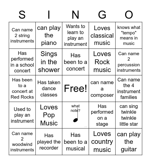 music get to know you bingo Card