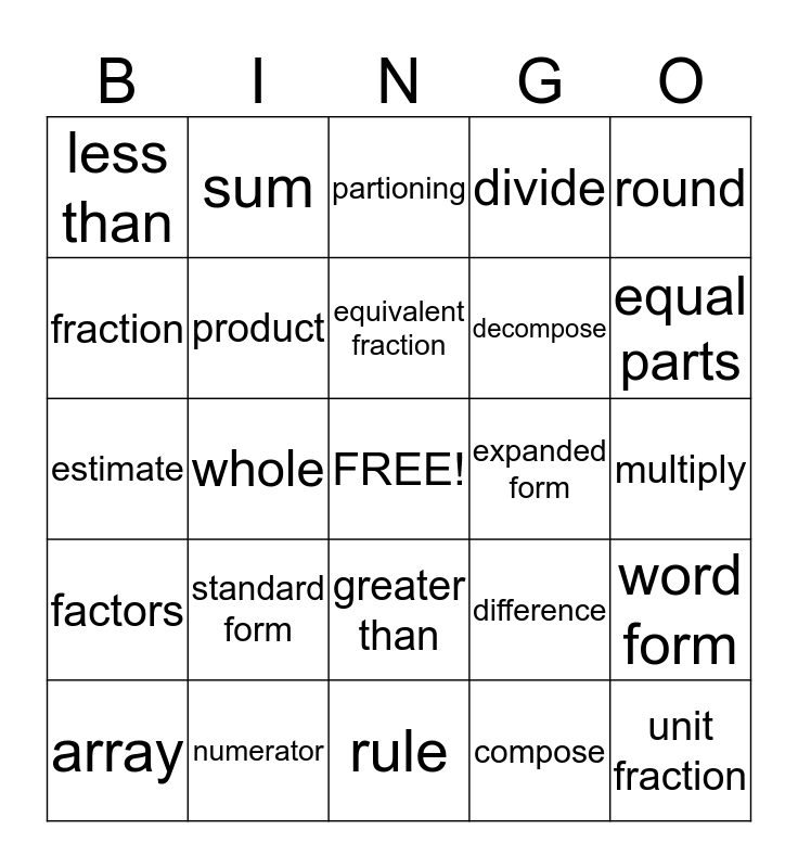 Math Vocabulary Bingo Card