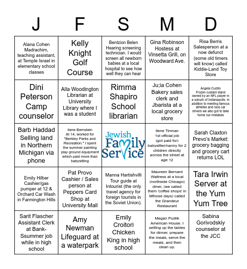 JFS Staff 1st Job Bingo Card