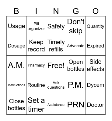 Medication Management Bingo Card