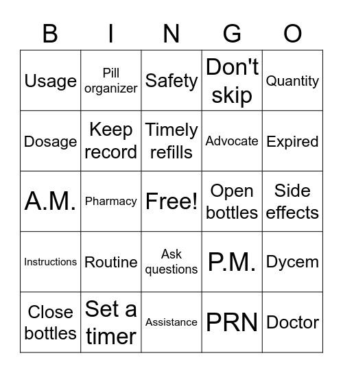Medication Management Bingo Card