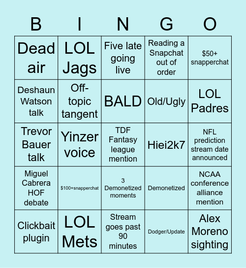 Dumpster Fire bingo Card