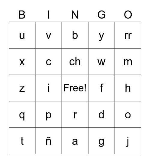 Spanish Alphabet Bingo Card