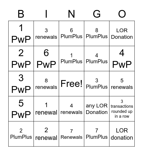 PlumPlus Bingo Card