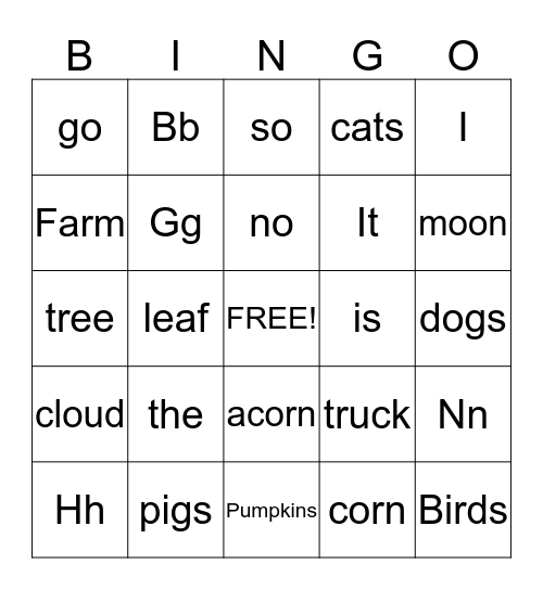 Story words Fall / Go, Go, Go Bingo Card