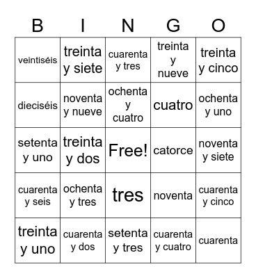 números Bingo Card