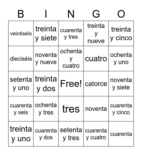 números Bingo Card