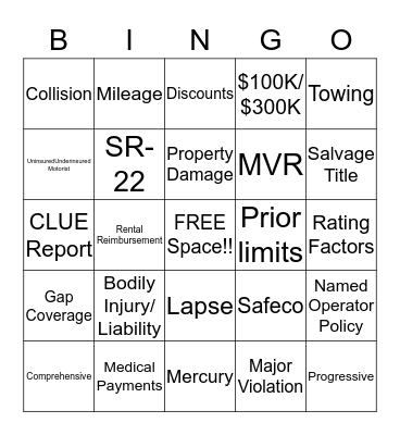 Auto Insurance Bingo Card