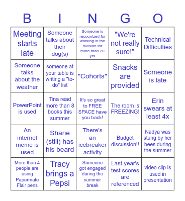 Father Vachon Welcome Back Bingo Card