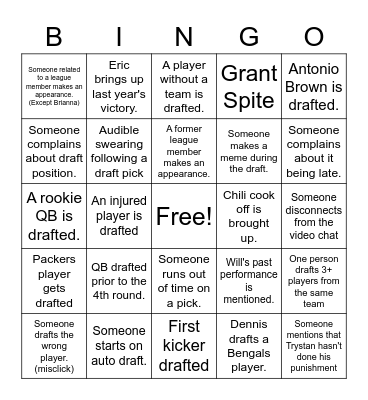 Fantasy Football 2021 Draft Bingo Card