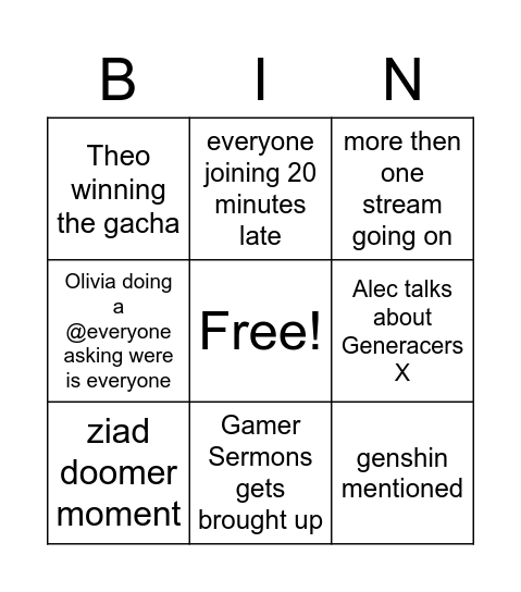 Gamer church Bingo Card