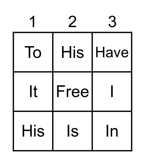 Sight Words Bingo Card