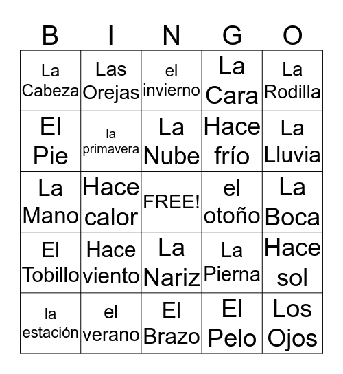 El Cuerpo/ El Tiempo Bingo Card
