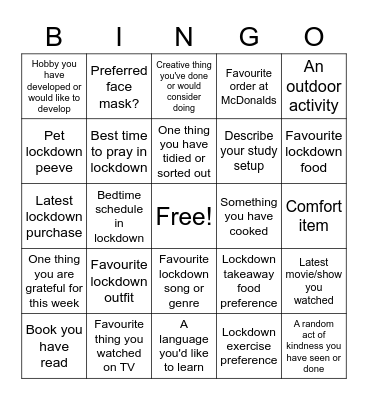 Youth Ministry Lockdown Bingo Card