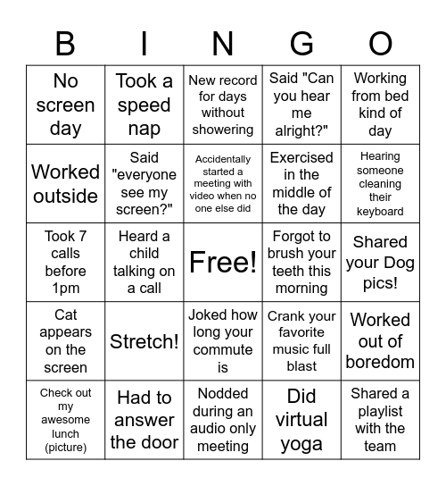 Remote Work Bingo Card