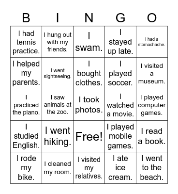 Summer Vacation Bingo Card
