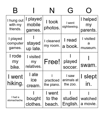 Summer Vacation Bingo Card