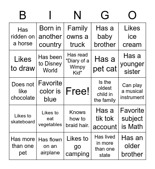 Classmate Bingo Card