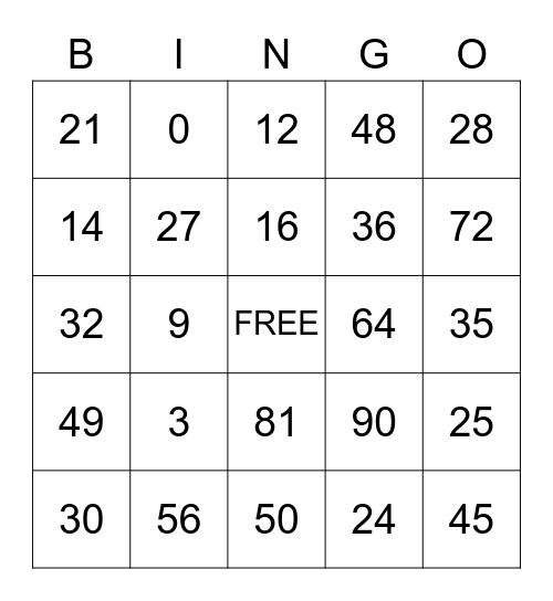 Multiplication ABA Bingo Card