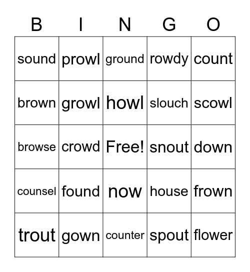 Macqlit Part F 34a - OU and OW Words Bingo Card