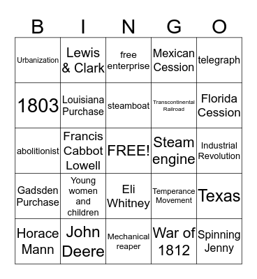 Westward Expansion & Industrialization Bingo Card