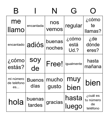 SPANISH GREETINGS Bingo Card
