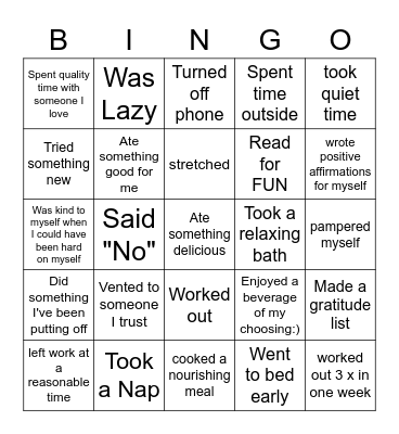 Self Care Bingo Card