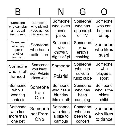 Polaris Get to Know You Bingo Card