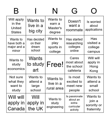 College Plans Bingo Card