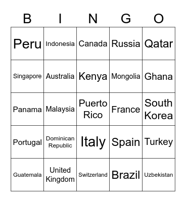 Country Bingo Card