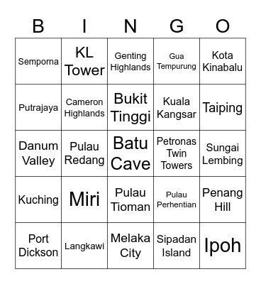 Places in Malaysia Bingo Card