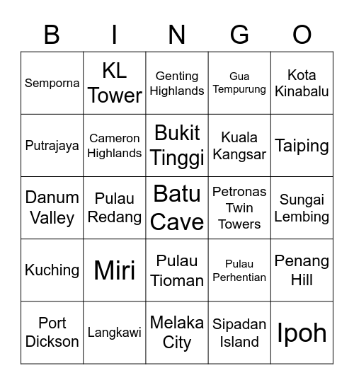Places in Malaysia Bingo Card