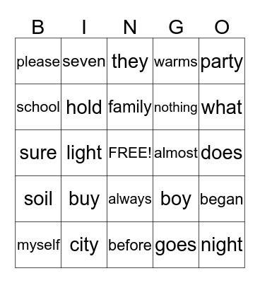 lesson 25 Bingo Card