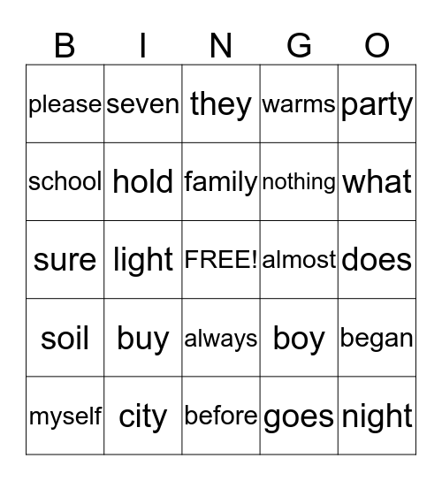 lesson 25 Bingo Card