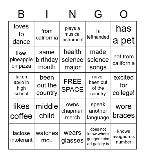 let's get to know each other! Bingo Card